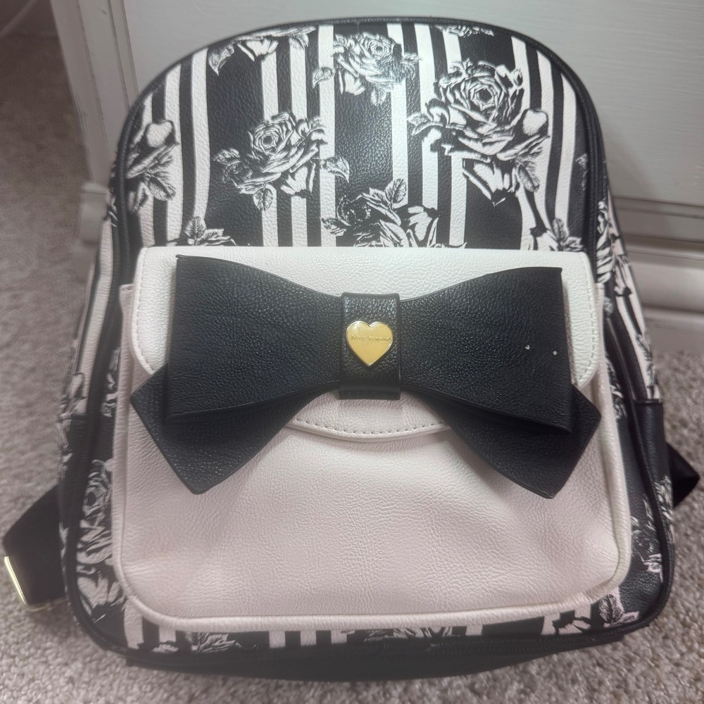 Betsey Johnson Black White Rose Stripe Bow Backpack Purse Fashion Faux Leather